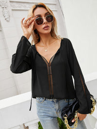 Ivy Lane Tie Neck Long Sleeve Semi-Sheer Blouse Black