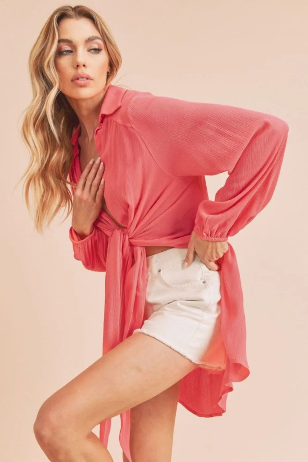 Aemi + Co Tied Collared Neck Long Sleeve Top - Opaque Rayon, Slightly Stretchy, Versatile Style