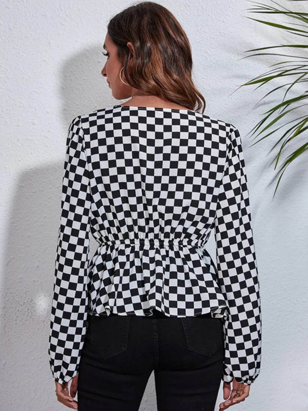 Stylish Checkered V-Neck Peplum Blouse with Balloon Sleeves - 100% Polyester, Opaque, Machine Washable