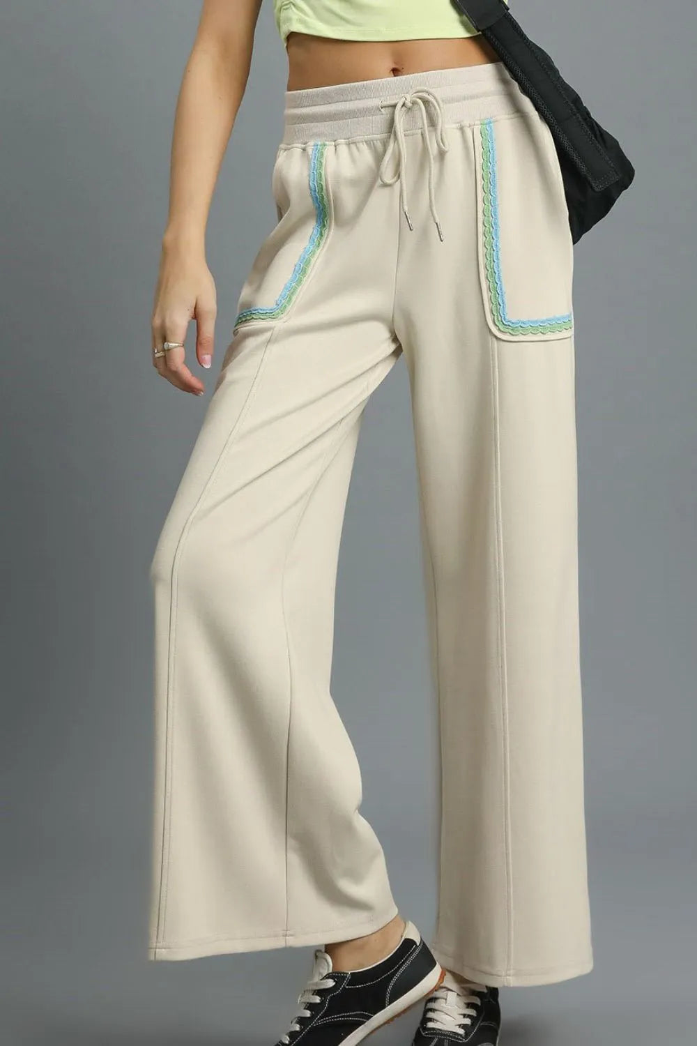 Umgee Drawstring Wide Leg Pants with Scallop Trim Detail