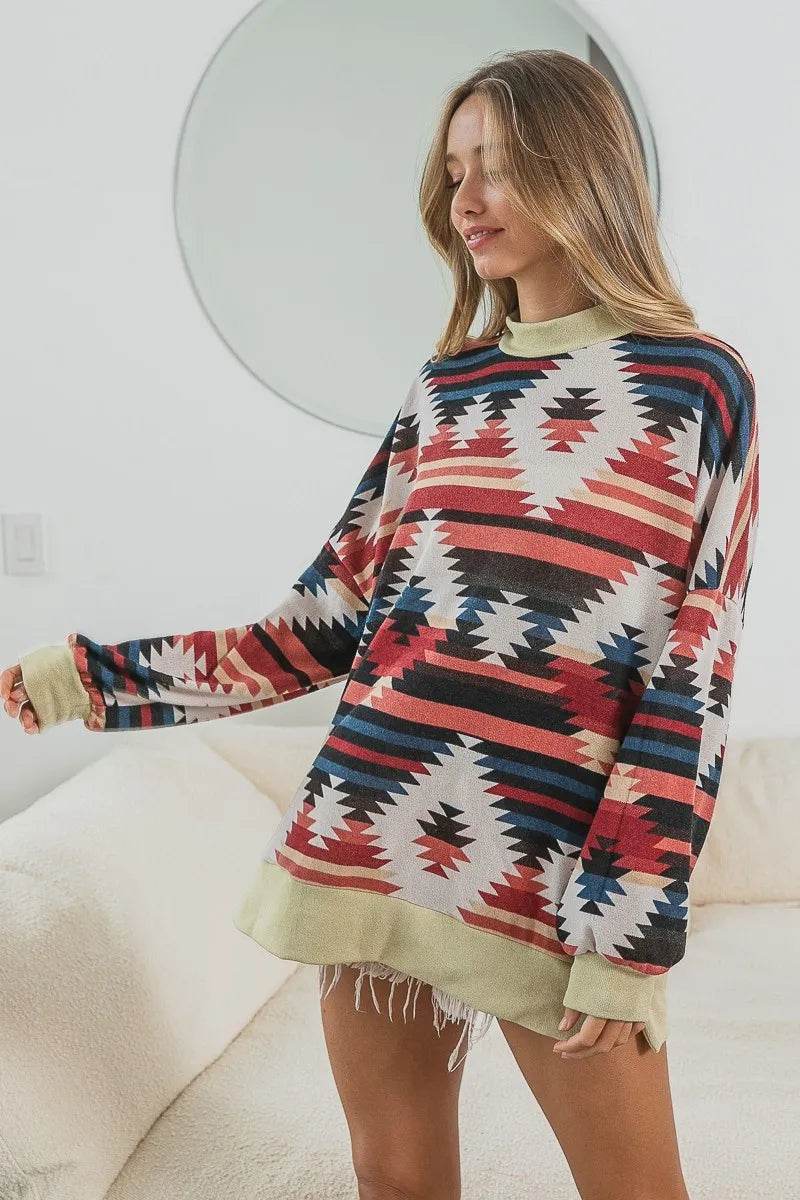 BiBi Aztec Print Mock Neck Long Sleeve Top - Oversized, Soft Cotton Blend, Tribal Chic