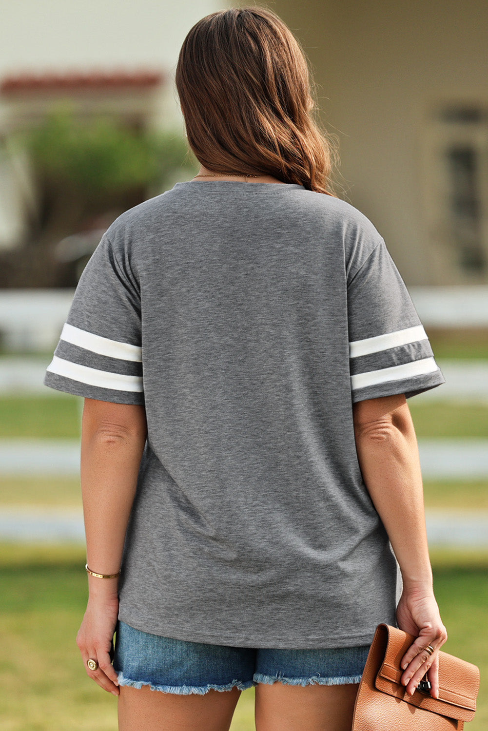 Plus Size US Flag Graphic V-Neck Tee with Half Sleeves - Casual Chic Style, Slightly Stretchy