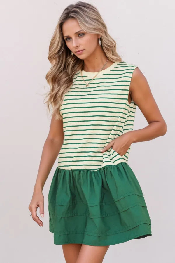 Trendsi Stripe Woven Sleeveless Mini Dress - Slightly Stretchy, Not Lined, Modern Style