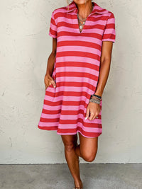 Striped Johnny Collar Short Sleeve Dress