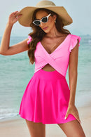 Cutout V-Neck Cap Sleeve One-Piece Swimwear Pink