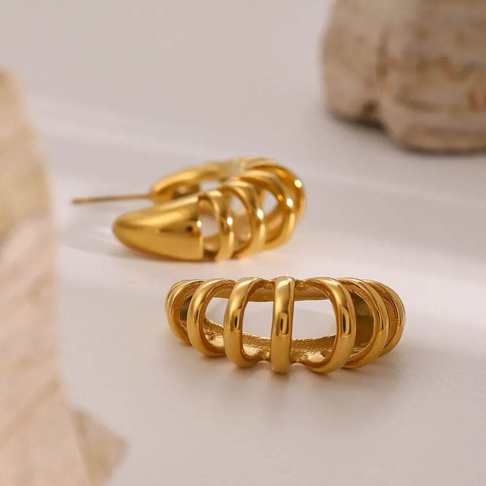 Elegant 18K Gold-Plated Stainless Steel Cutout C-Hoop Earrings - Stylish & Lightweight - Store 42