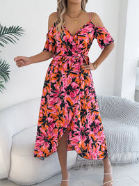 Printed Cold Shoulder Midi Cami Dress Black