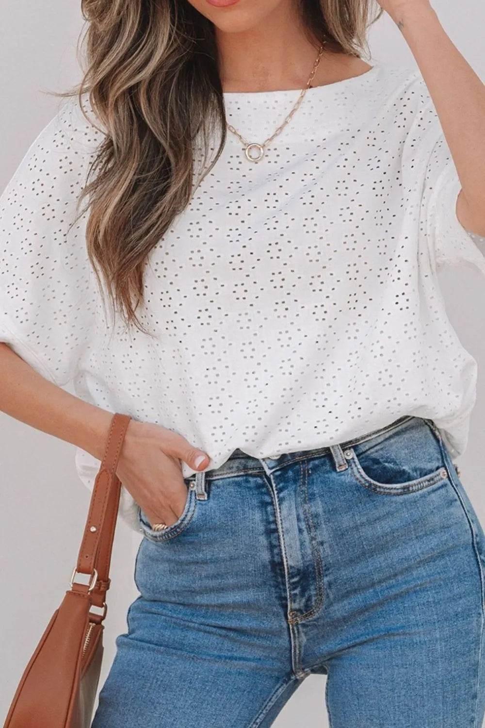 Stylish Eyelet Pattern Boat Neck Tee for Women – Slightly Stretchy, Casual Comfort - Store 42