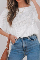 Stylish Eyelet Pattern Boat Neck Tee for Women – Slightly Stretchy, Casual Comfort - Store 42