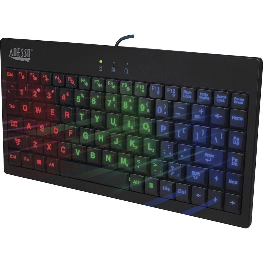 Adesso AKB-110EB 3-Color Illuminated Mini Keyboard with Quiet Membrane Switches, Large Print Keys