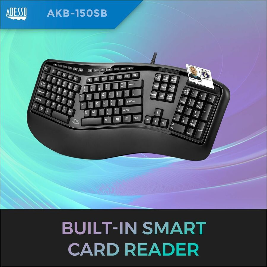 Adesso AKB-150UB-TAA Secure Black Ergonomic Desk Keyboard with Built-In Smart Card Reader