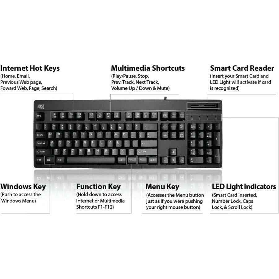 Adesso EasyTouch 630SB TAA Smart Card Keyboard with Antimicrobial Design and 2X Print Keys