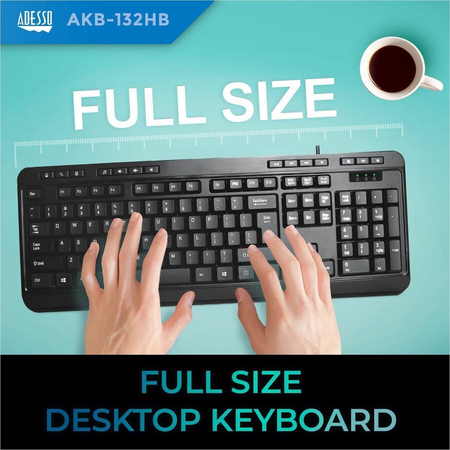 Adesso Multimedia Keyboard with 3-Port USB Hub, Quiet Membrane Keys & 14 Hotkeys, Black