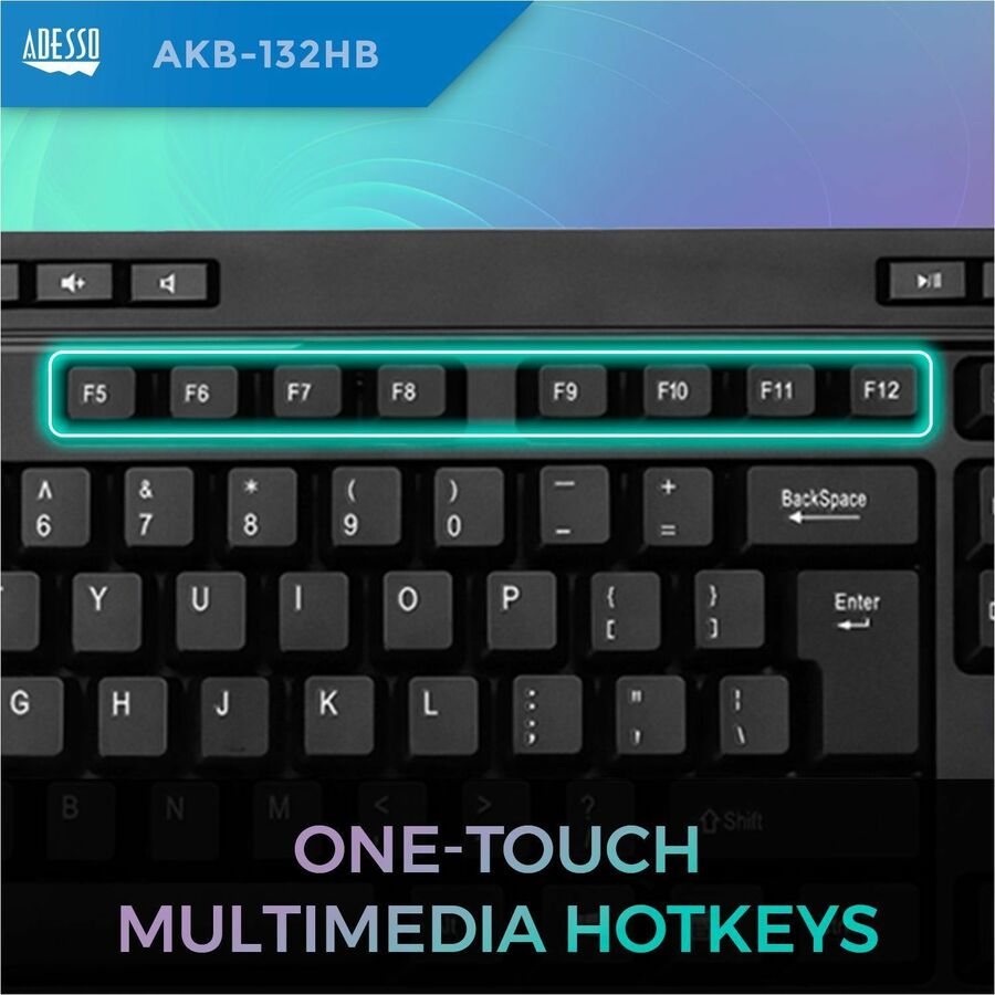 Adesso Multimedia Keyboard with 3 - Port USB Hub, Quiet Membrane Keys & 14 Hotkeys, Black - Store 42