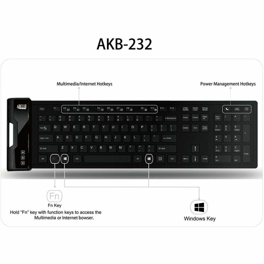 Adesso SlimTouch 232 Antimicrobial Waterproof Flex Keyboard - Flexible, Portable, Multimedia Hotkeys - Store 42