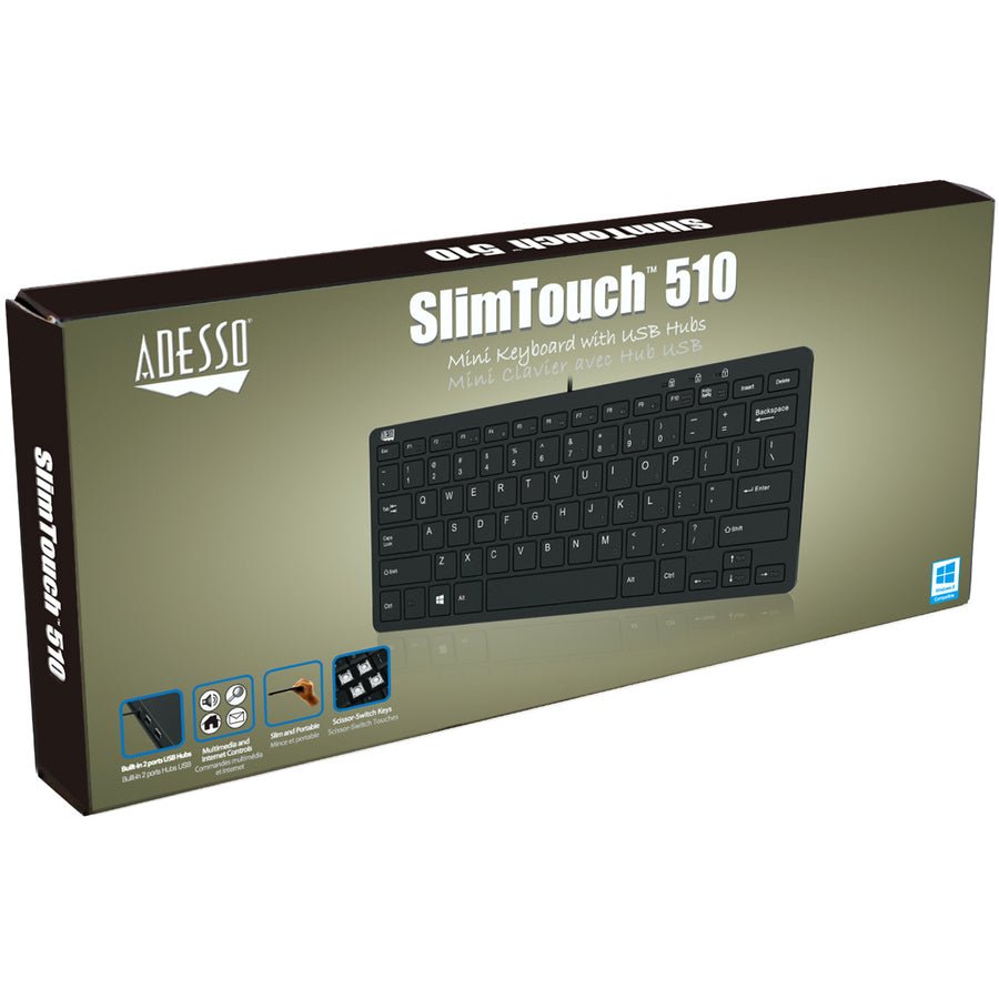 Adesso SlimTouch 510 Mini Keyboard with 2 - Port USB Hub - Compact 78 - Key Design for Efficient Typing - Store 42