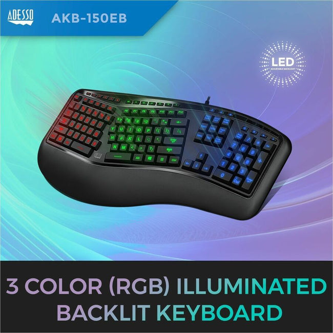 Adesso Tru-Form 150 Ergonomic Keyboard with 3-Color Backlight, Split Key Design, and Integrated Palm Rest