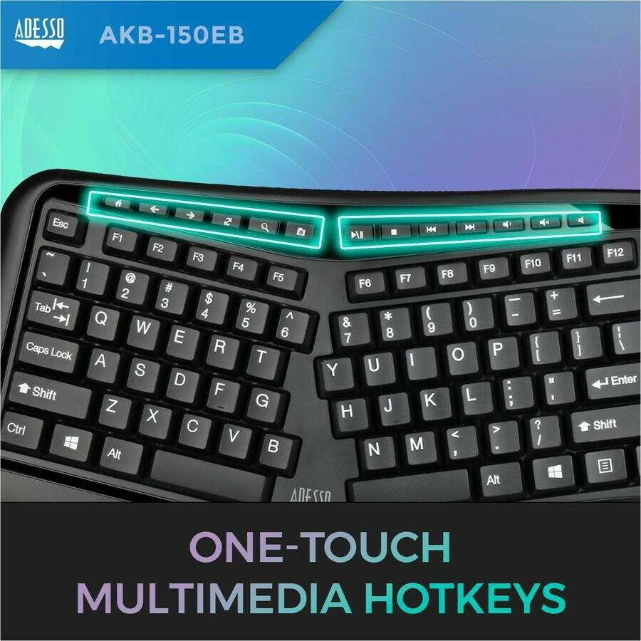 Adesso Tru-Form 150 Ergonomic Keyboard with 3-Color Backlight, Split Key Design, and Integrated Palm Rest