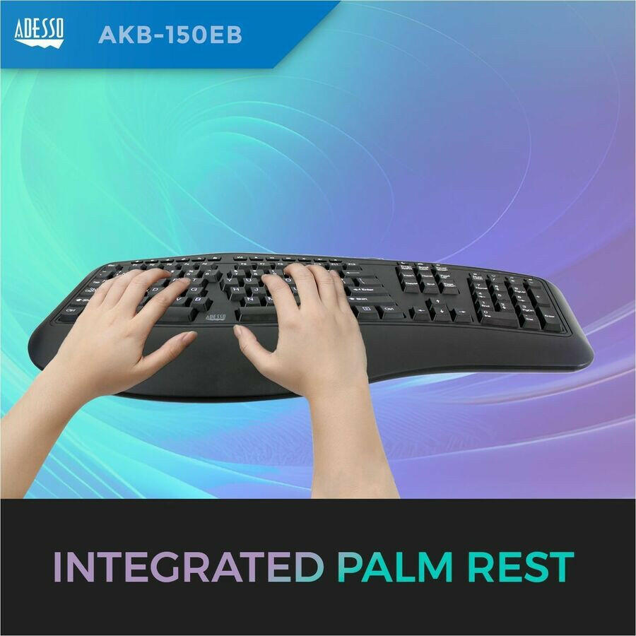 Adesso Tru-Form 150 Ergonomic Keyboard with 3-Color Backlight, Split Key Design, and Integrated Palm Rest