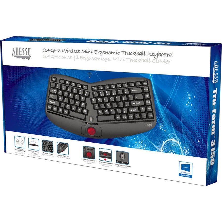 Adesso Tru - Form 3150 Wireless Ergonomic Trackball Keyboard with Built - In Scroll Wheel, Palm Rest - Store 42