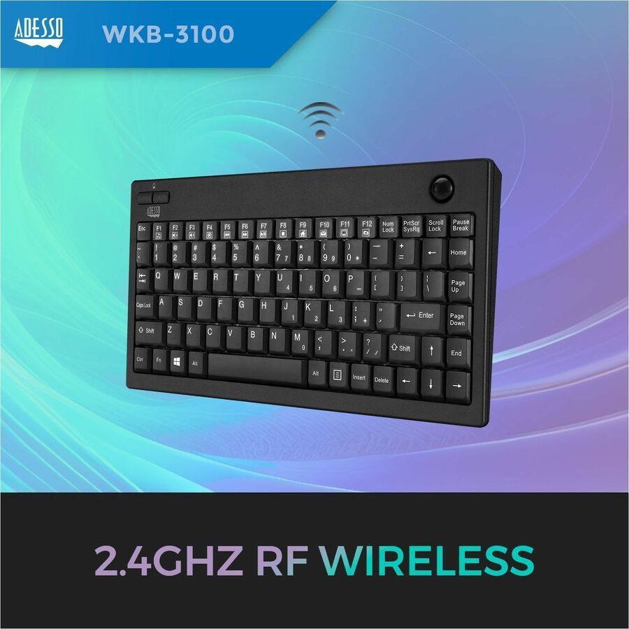 Adesso Wireless 2.4G Mini Trackball Keyboard with Built-in Trackball for Compact Spaces