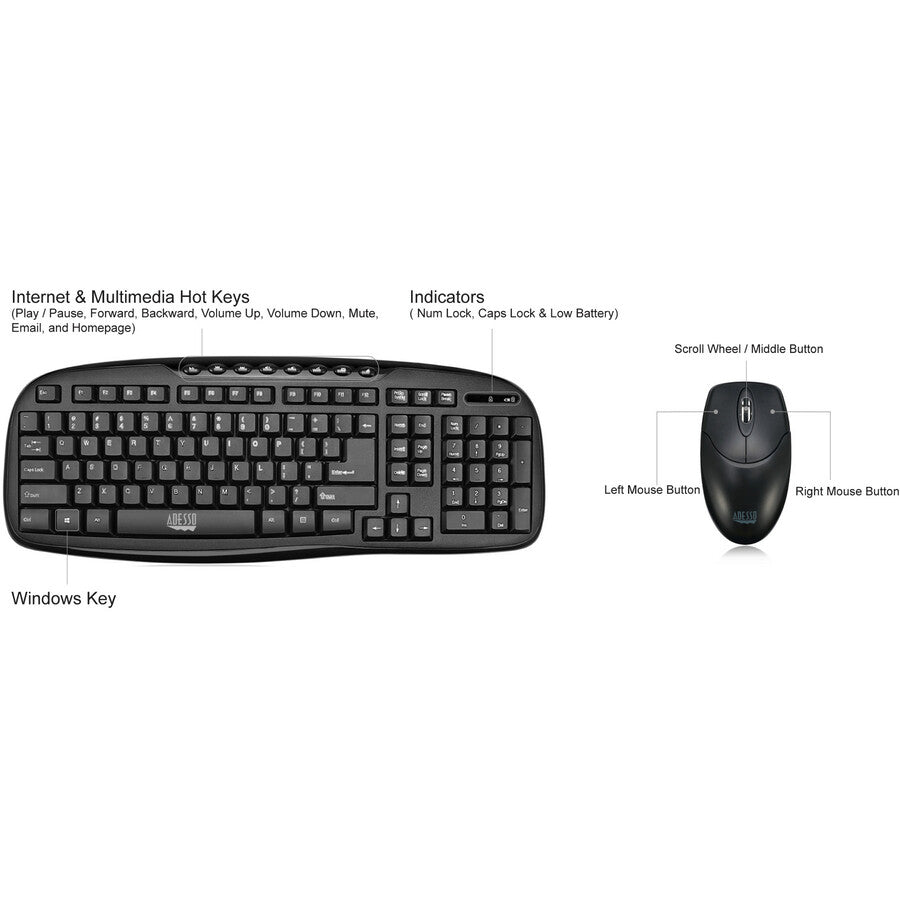 Adesso WKB-1330CB Wireless Multimedia Keyboard & Mouse Combo - 2.4GHz, Spill-Resistant, 1200 DPI Optical