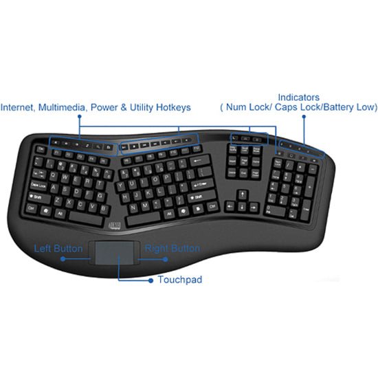 Adesso WKB-4500UB Wireless 3D Ergonomic Touchpad Keyboard with Split Key Design & Hotkeys