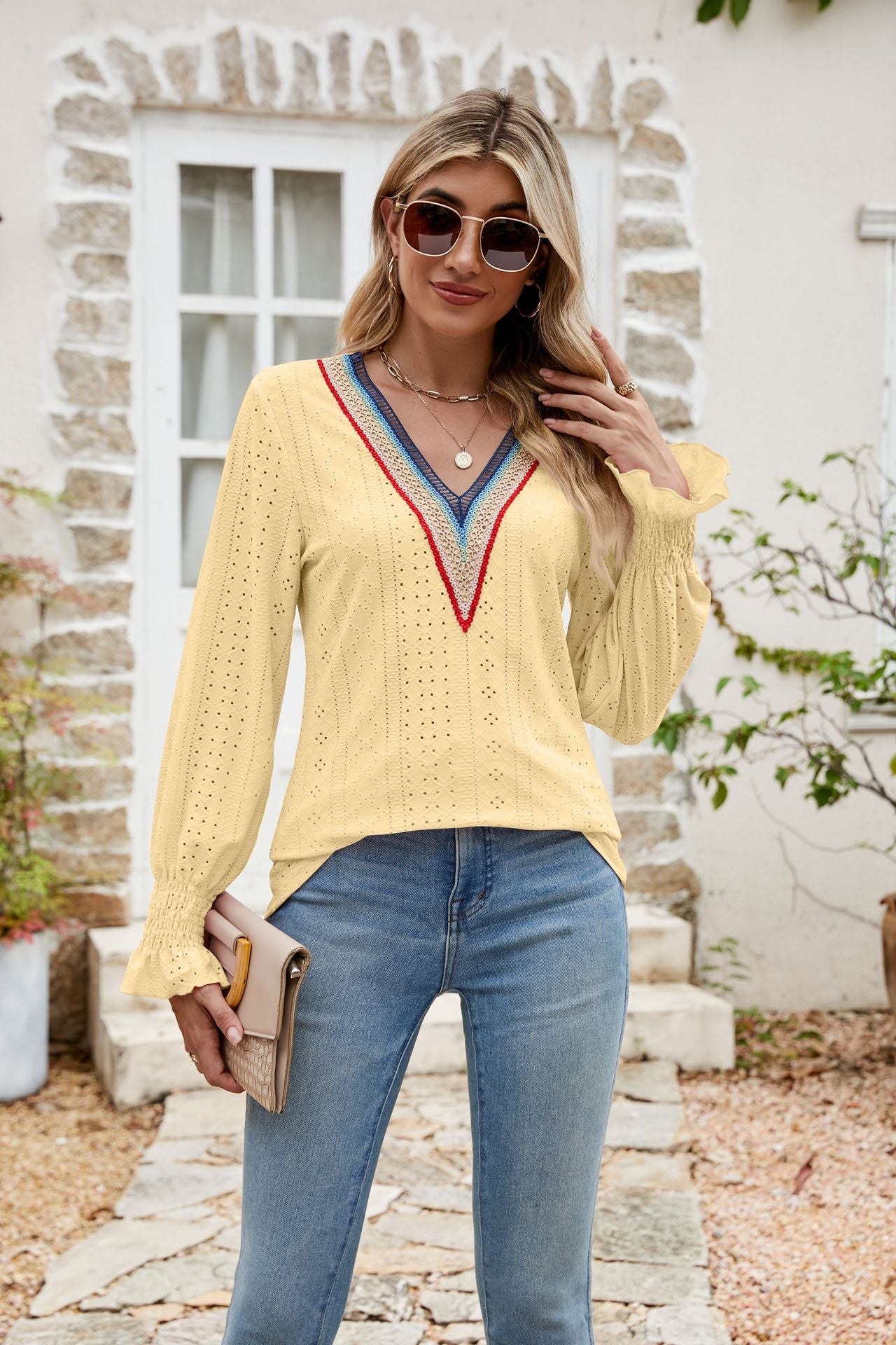 Chic Eyelet Flounce Sleeve V-Neck Blouse in Solid Color - Highly Stretchy Polyester, Machine Washable