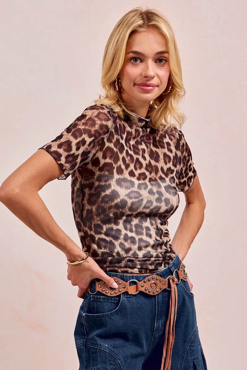 Fitted Leopard Print High Neck Mesh Top With Short Sleeves – Comfortable & Stylish - Store 42