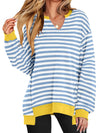 Notched Long Sleeve Oversized Sweatshirt Light Blue Stripes