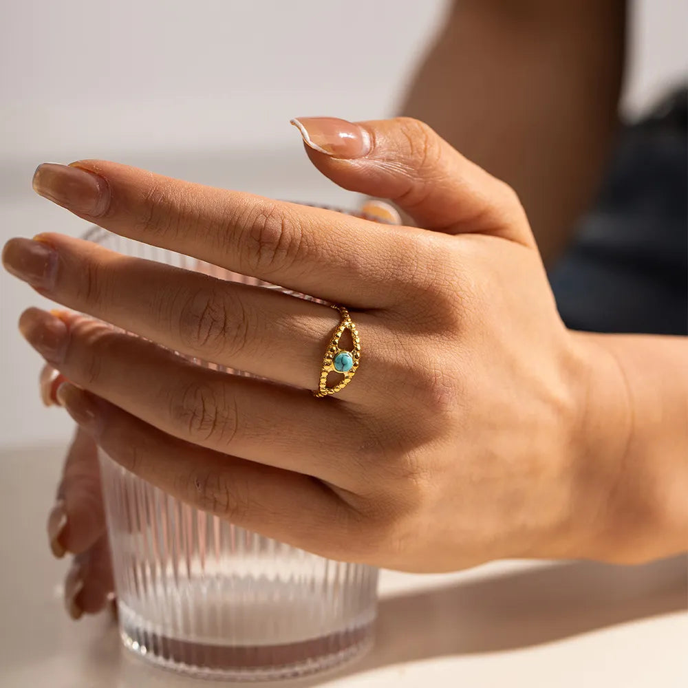 Stunning Turquoise Eye Design Ring with Gold-Toned Band - Bohemian Jewelry Piece