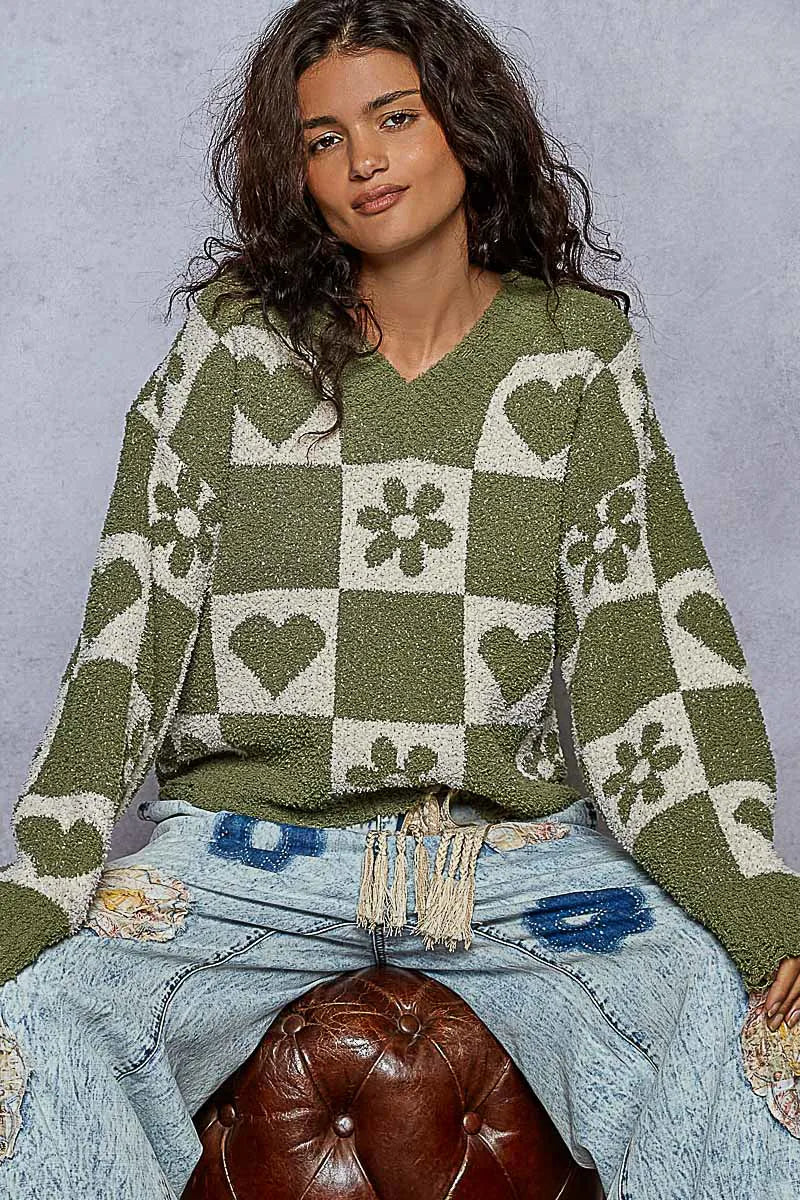 Vintage-Inspired Sage Green Checkered V-Neck Sweater with Floral Motifs by Trendsi