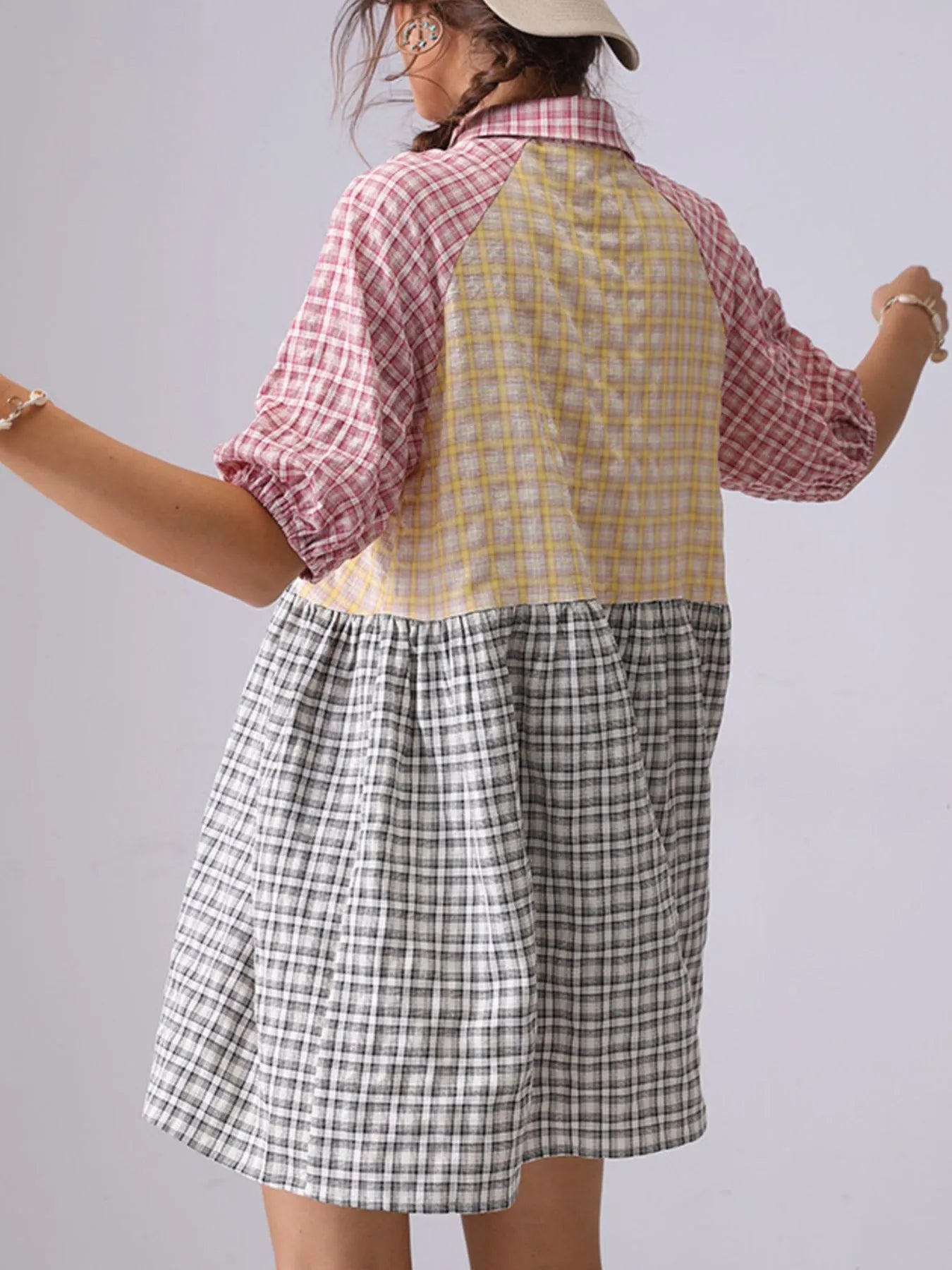 Colorful Mixed Gingham Shirt Dress