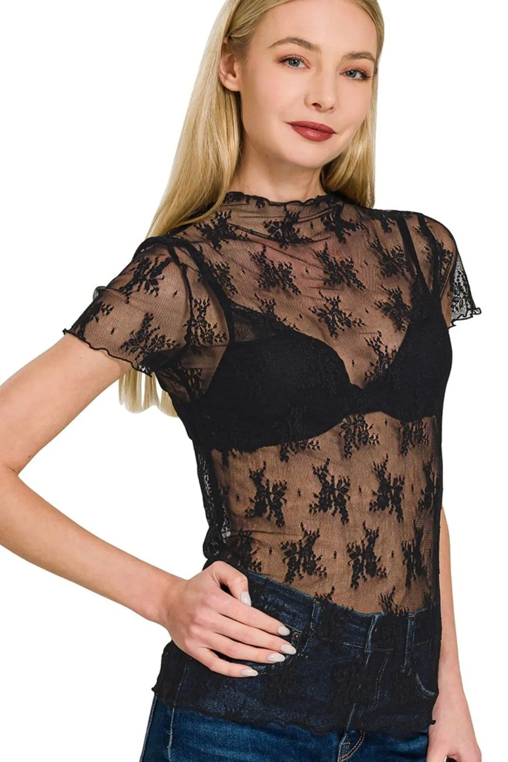 Zenana Lace See-through Layering Short Sleeve Top