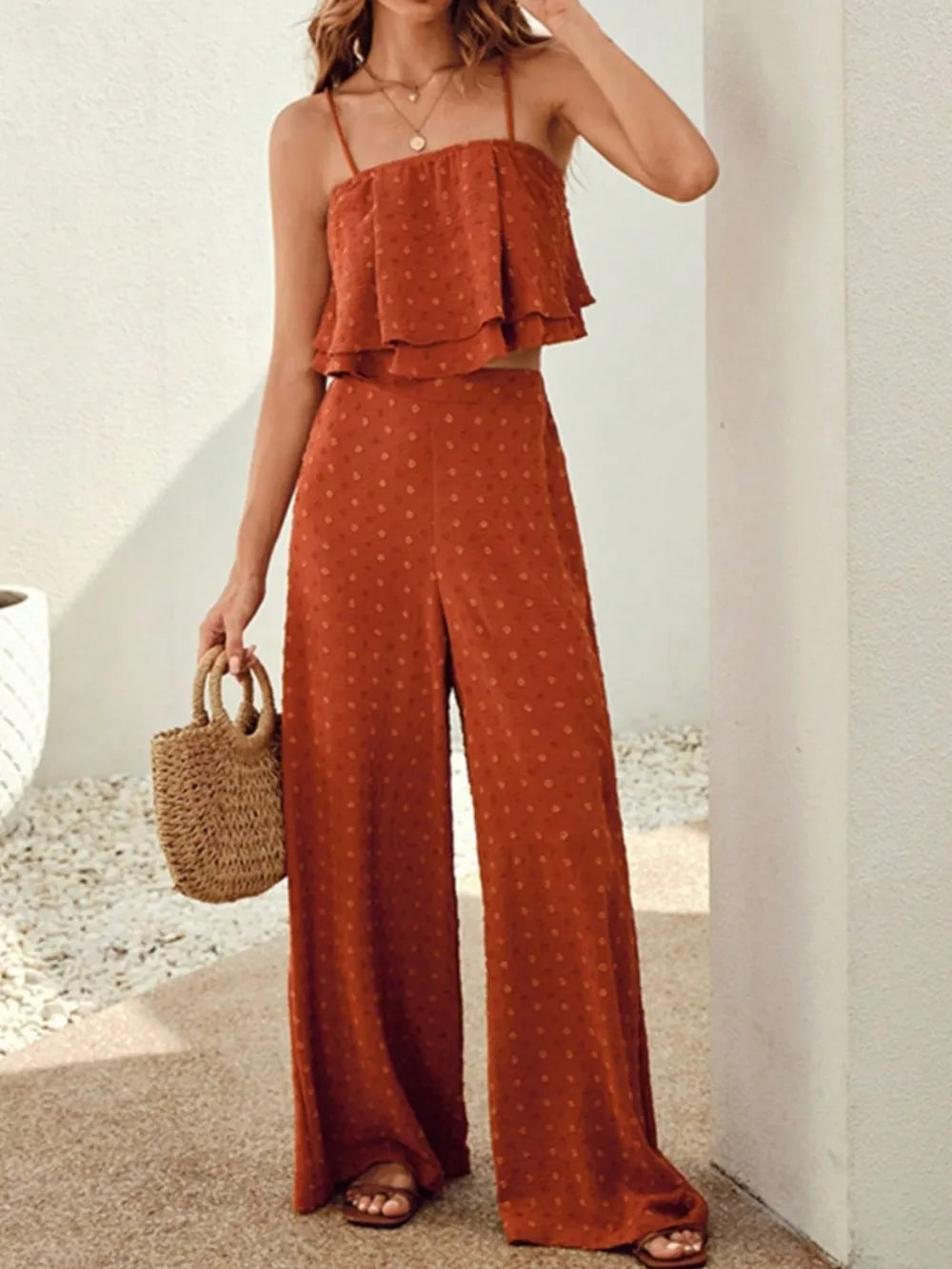 Chic Swiss Dot Layered Cami and Pants Set - Elegant 2-Piece Outfit for Effortless Style