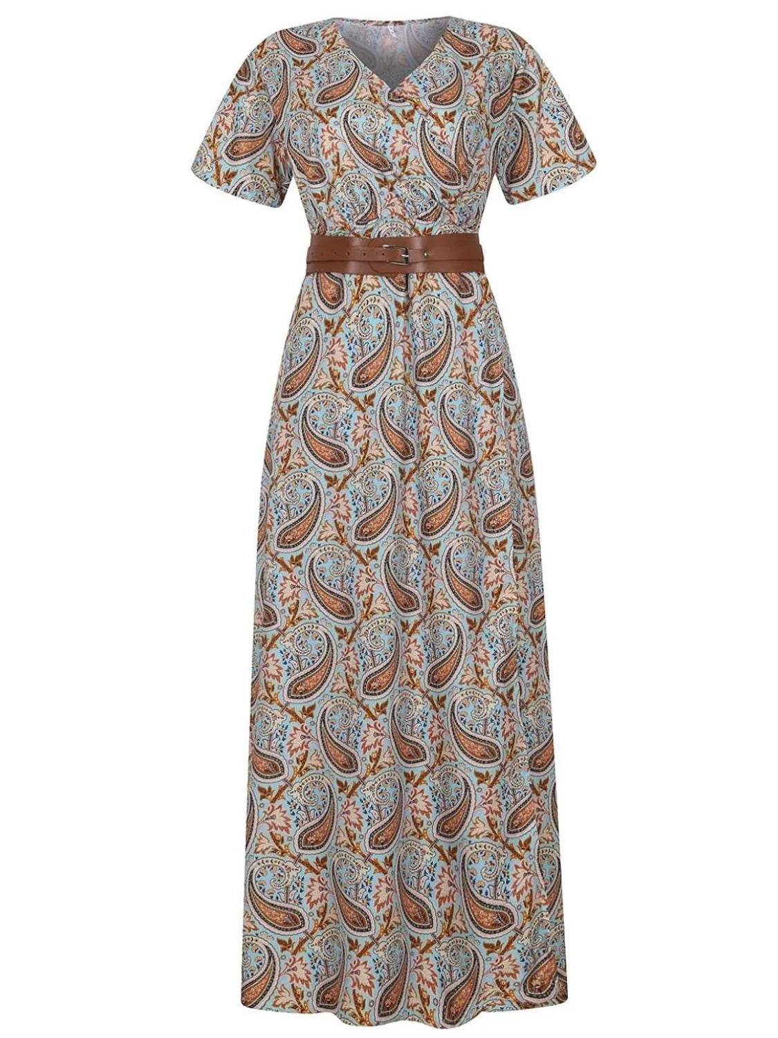 Full Size Printed V-Neck Short Sleeve Maxi Dress Plus Size - Store 42