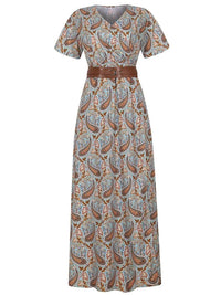 Full Size Printed V-Neck Short Sleeve Maxi Dress Plus Size - Store 42