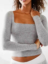 Sleek Square Neck Fitted Long Sleeve T-Shirt - Slightly Stretchy Polyester Blend - Store 42
