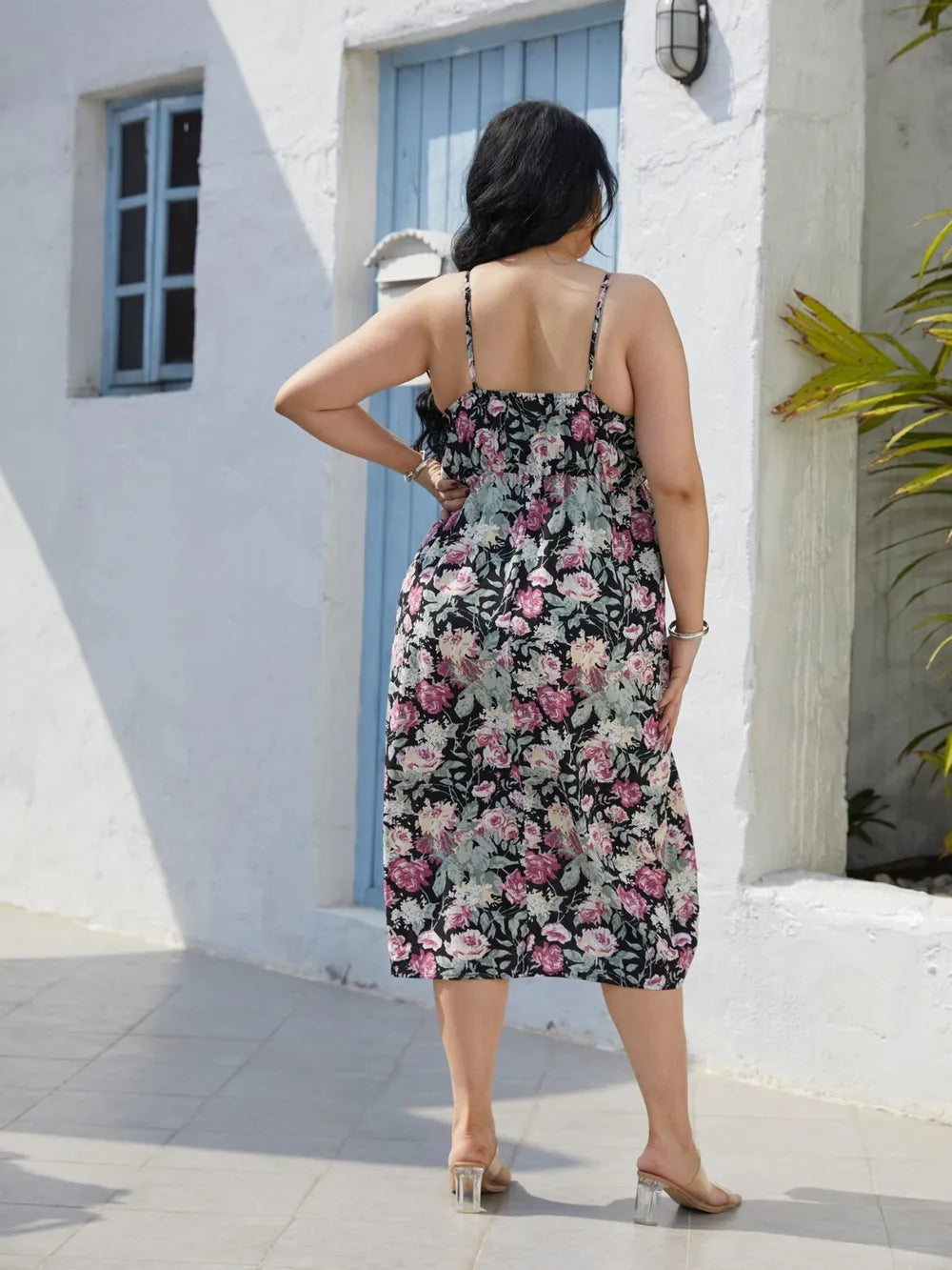 Plus Size Floral Cami Dress with Slit - Slightly Stretchy, Opaque, 100% Polyester