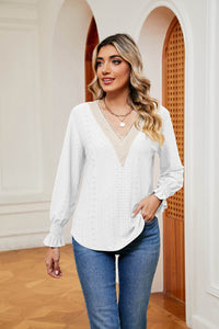 Stylish Contrast Flounce Sleeve Blouse - Opaque, Slightly Stretchy, Perfect for Casual Outings - Store 42