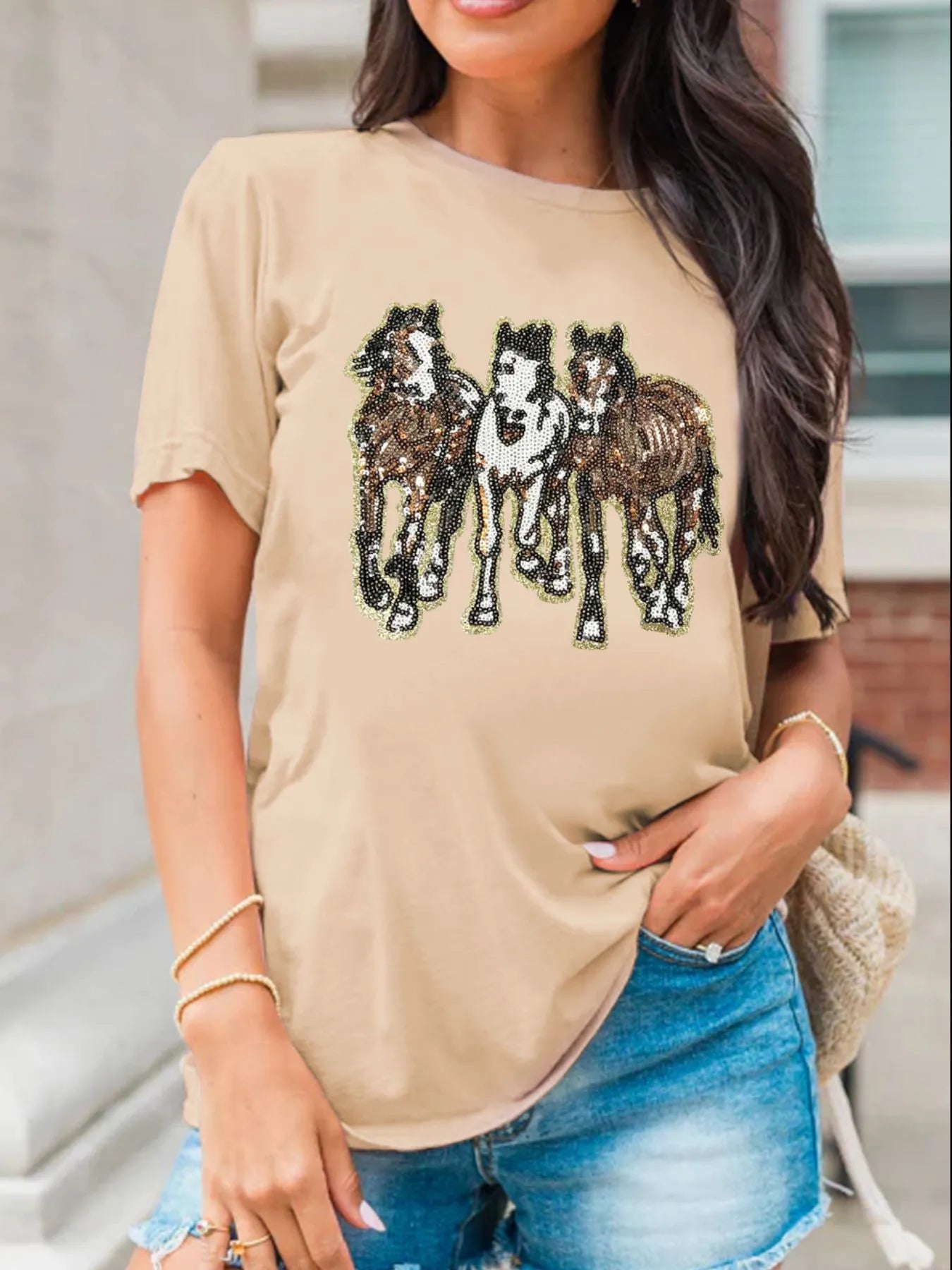 Sequin Horses Patched Casual Crewneck T Shirt