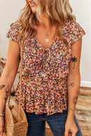 Floral Print Knot V Neck Ruffled Sleeve Blouse Floral