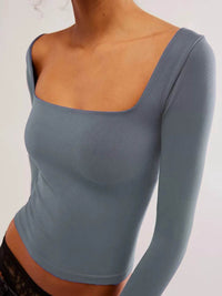Sleek Square Neck Fitted Long Sleeve T-Shirt - Slightly Stretchy Polyester Blend - Store 42