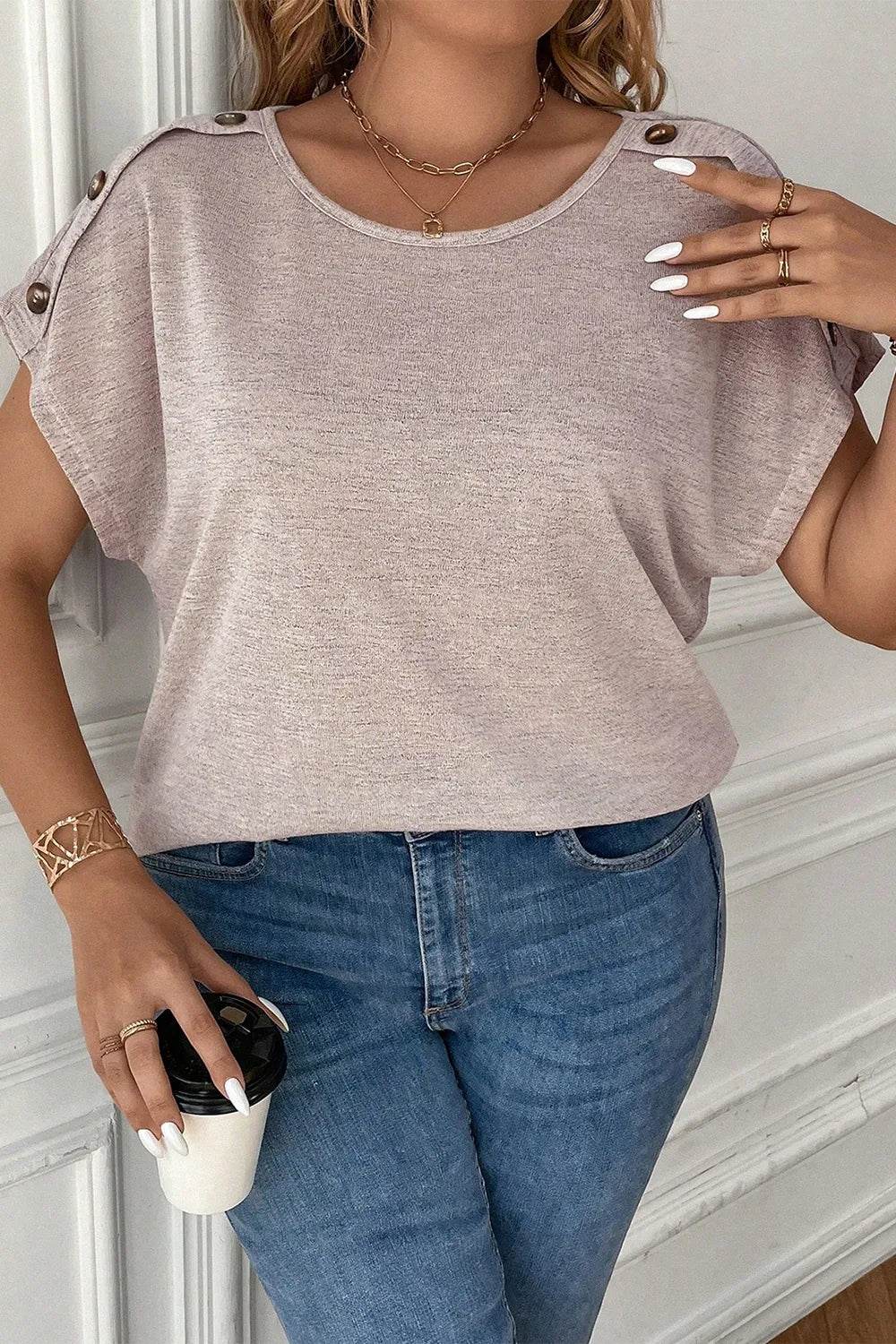 Plus Size Decorative Button Round Neck Short Sleeve T-Shirt - Store 42