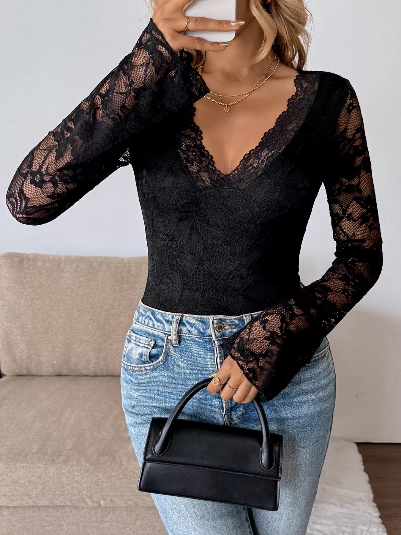 Sheer Lace V-Neck Long Sleeve T-Shirt - Slightly Stretchy, 85% Polyamide Blend