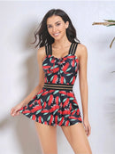 Ruched Printed Sweetheart Neck Two-Piece Swim Set Deep Red