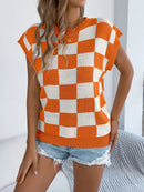 Checkered Round Neck Cap Sleeve Knit Top