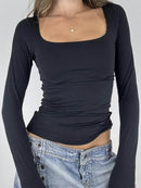 Fitted Long Sleeve T-Shirt with Square Neck - Stretchy Polyester Blend - Trendsi - Store 42