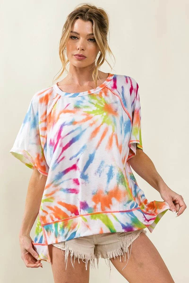 BiBi Tie Dye Print Jersey Top with Unique Uneven Hem - Casual Bohemian Style