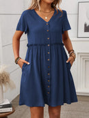 Button Front Flutter Sleeve Dress Dark Blue